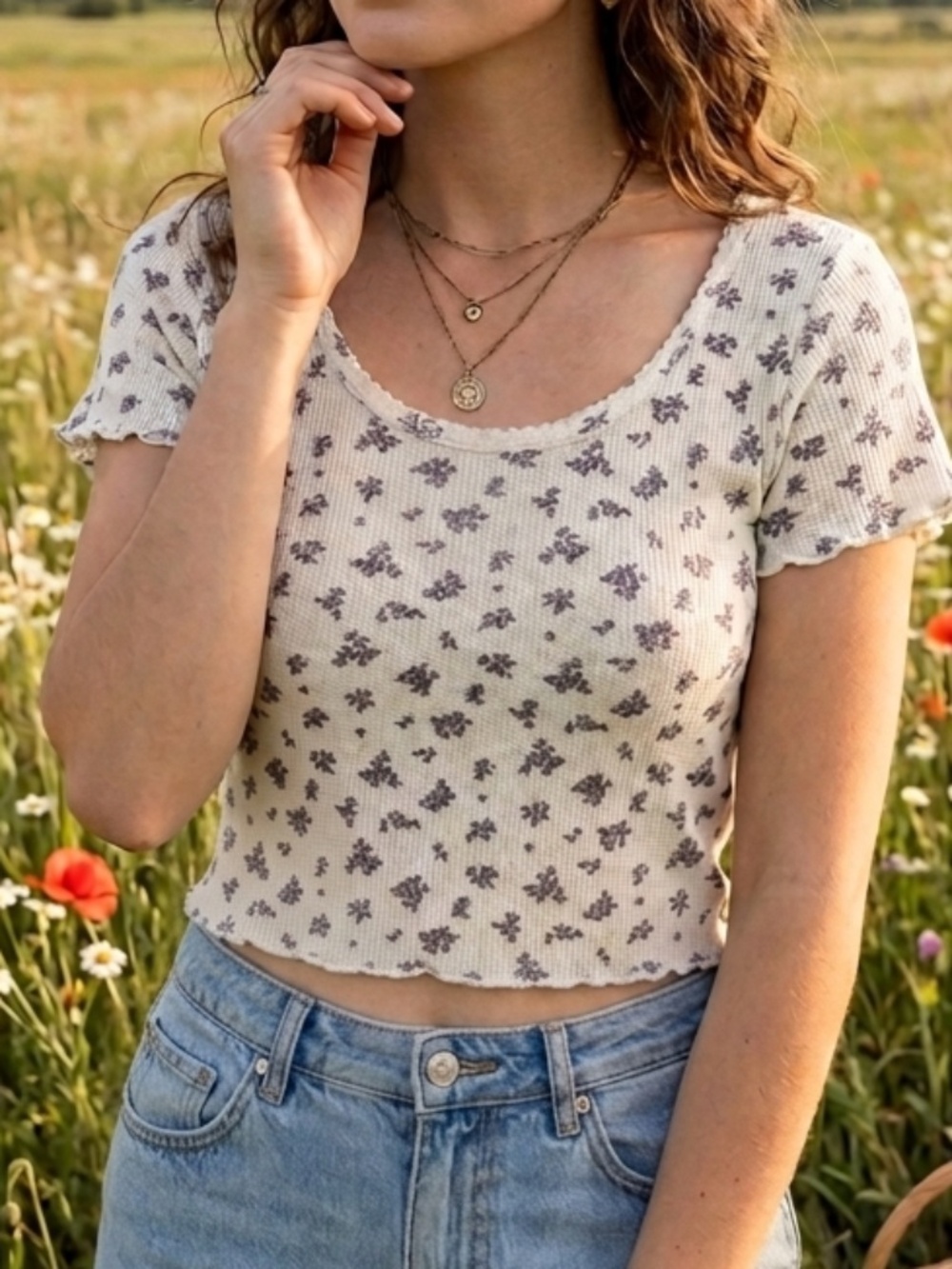 NWT Sage + Stone Top Waffle Knit Crop Juniors Sz L Ditsy Floral Boho Cottagecore